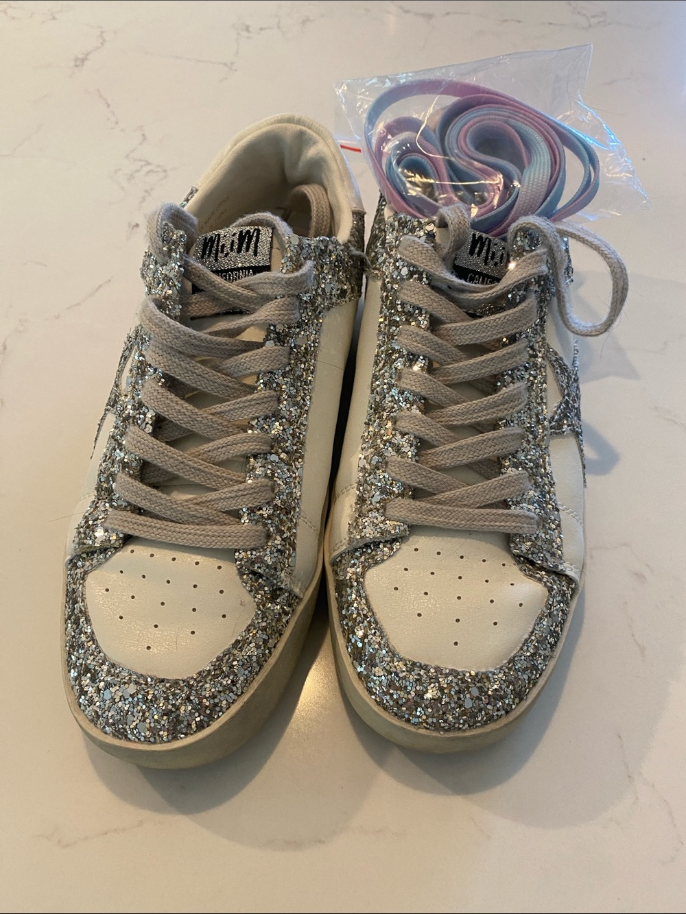 Mi.iM White Leather Sneakers with Silver Glitter Trim